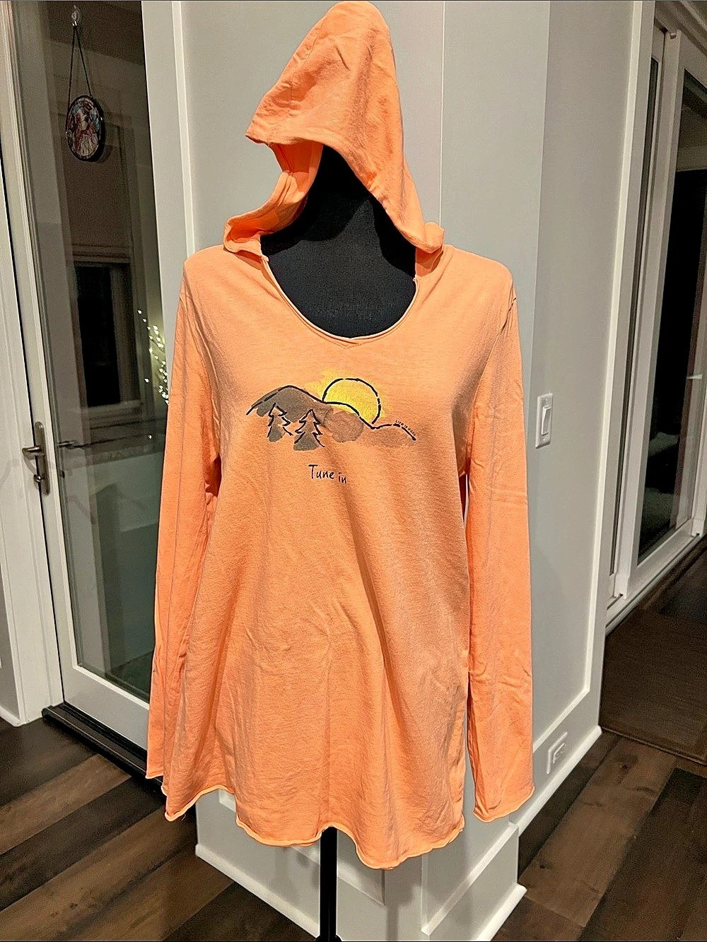 Life is Good Tune In Mountain Sun Long Sleeve Lightweight Hoodie Orange Large